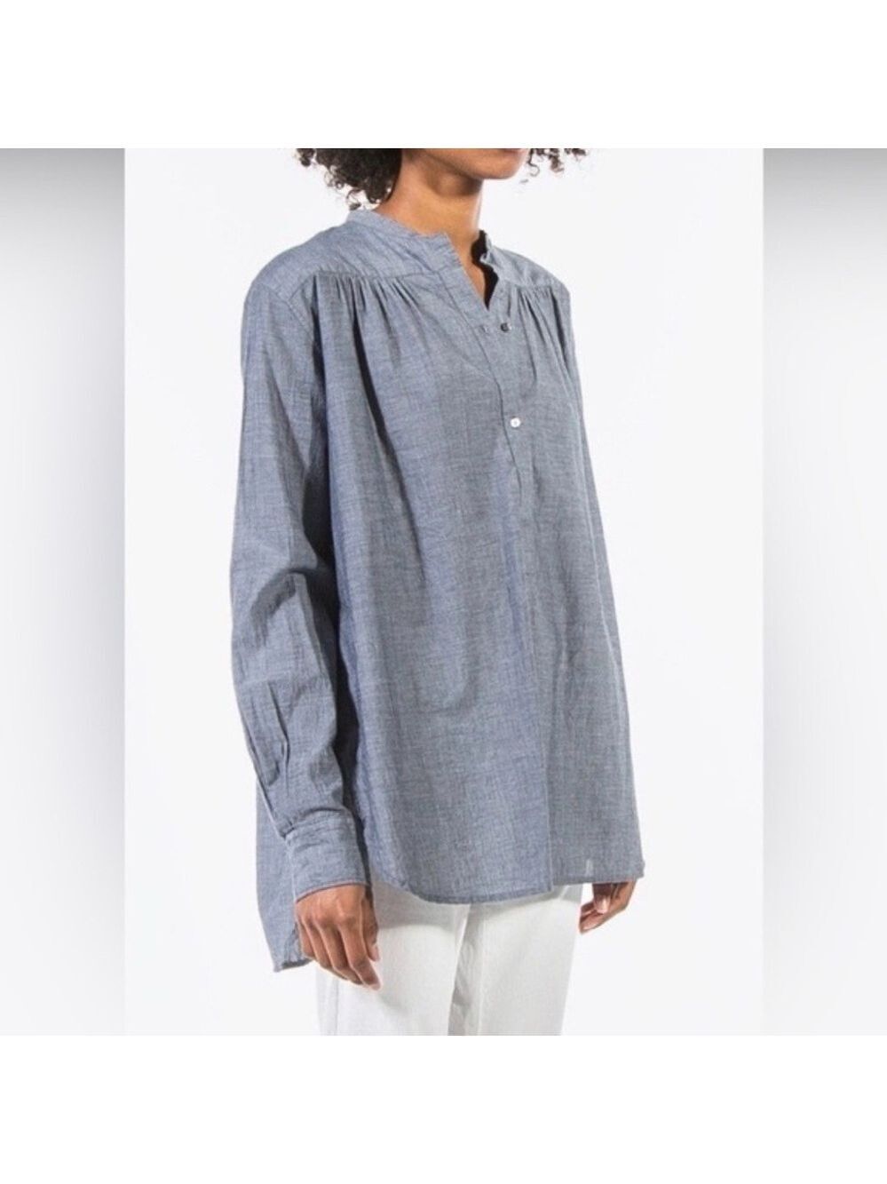 Nili Lotan Cotton Ruched Tunic Henley Top Blue Size M